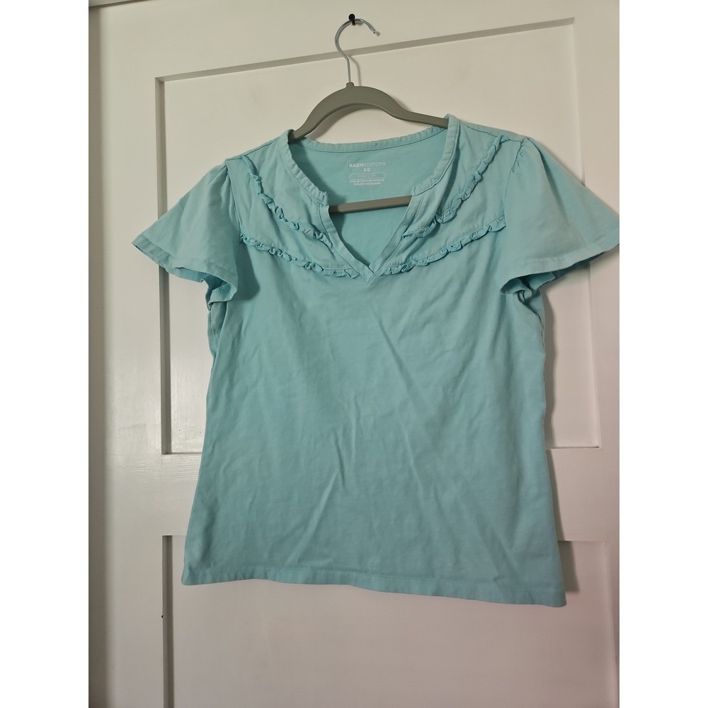Basic Editions Top Small S Aqua Blue Ruffle V Neck Short Sleeve Flutter Classic